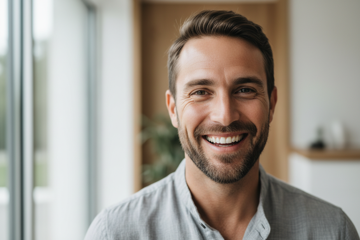 maak een afbeelding van een blij mannen gezicht